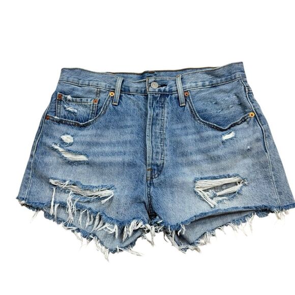Ladies Levi’s 501 Button Fly Distressed Cut Off Shorts 32” Waist High Rise - Picture 1 of 12